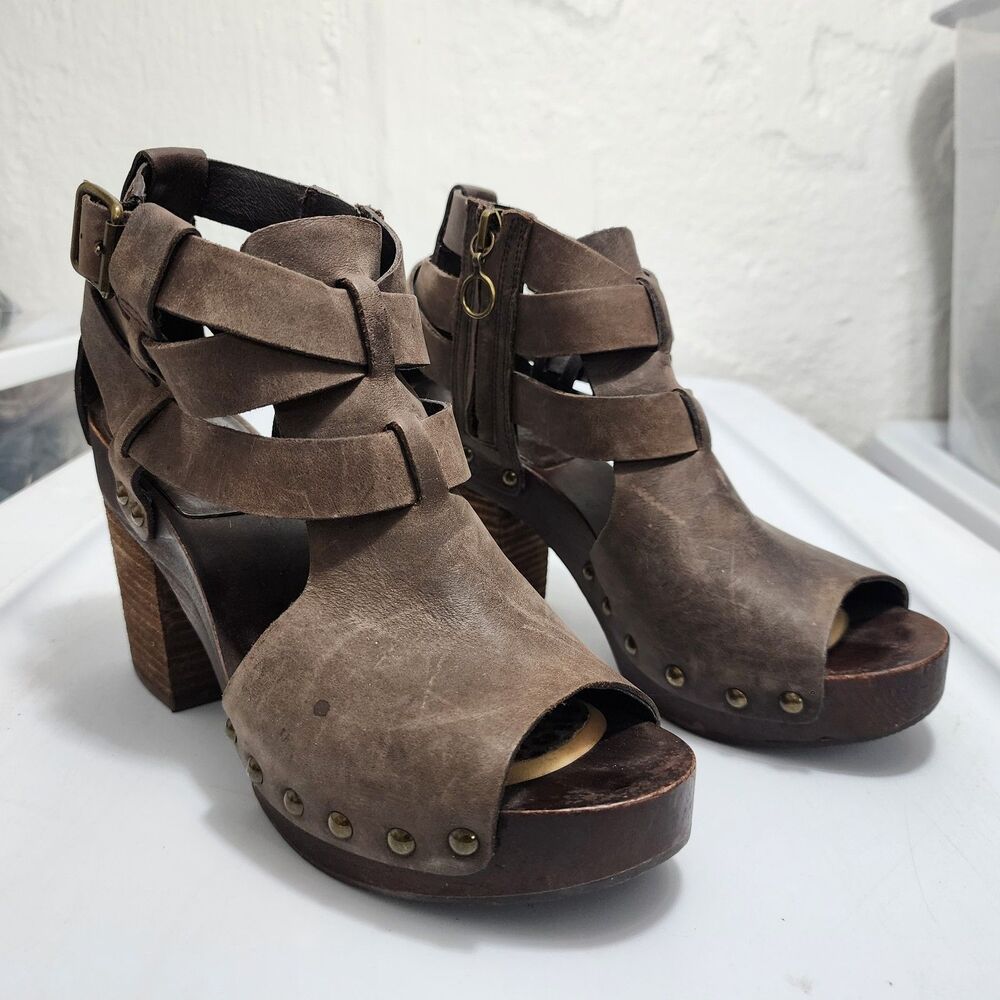 Ralph Lauren Denim & Supply Clog Booties Brown Leather Cut-out Zip Open Toe US 7